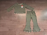 Santa embroidery green plaid scallop girls Christmas set