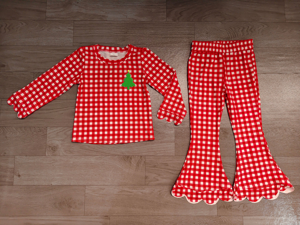 Plaid Christmas tree embroidery scallop girls outfits