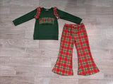 Merry Christmas embroidery top plaid pants girls outfits