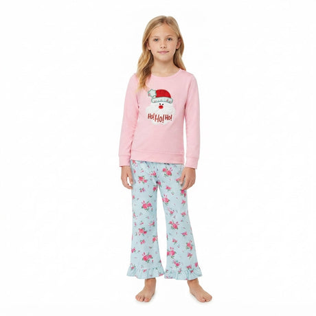 HO HO HO santa embroidery top pants girls Christmas set