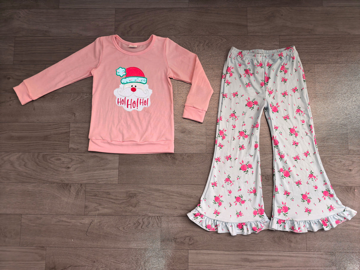 HO HO HO santa embroidery top pants girls Christmas set