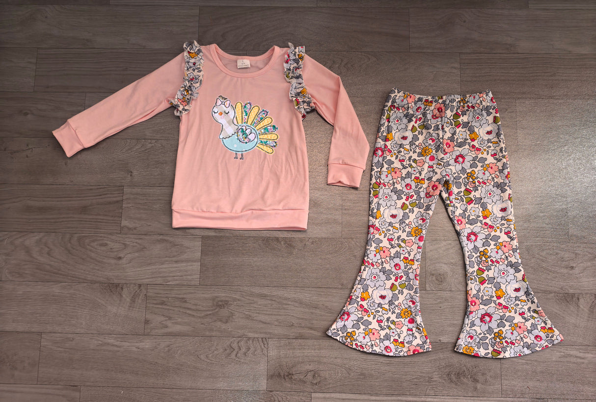 Turkey embroidery floral girls Thanksgiving day outfits