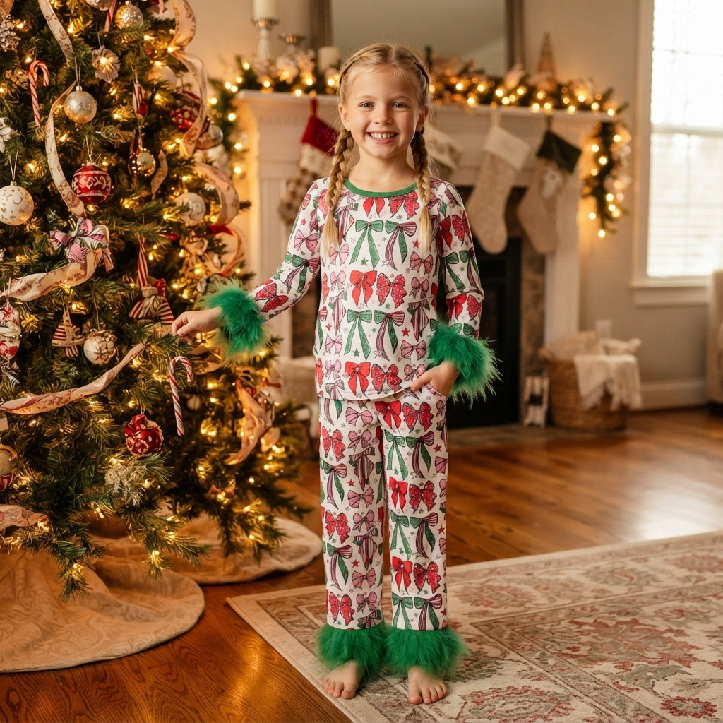Red green bow fur sleeves girls Christmas pajamas