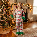 Red green bow fur sleeves girls Christmas pajamas