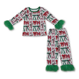 Red green bow fur sleeves girls Christmas pajamas