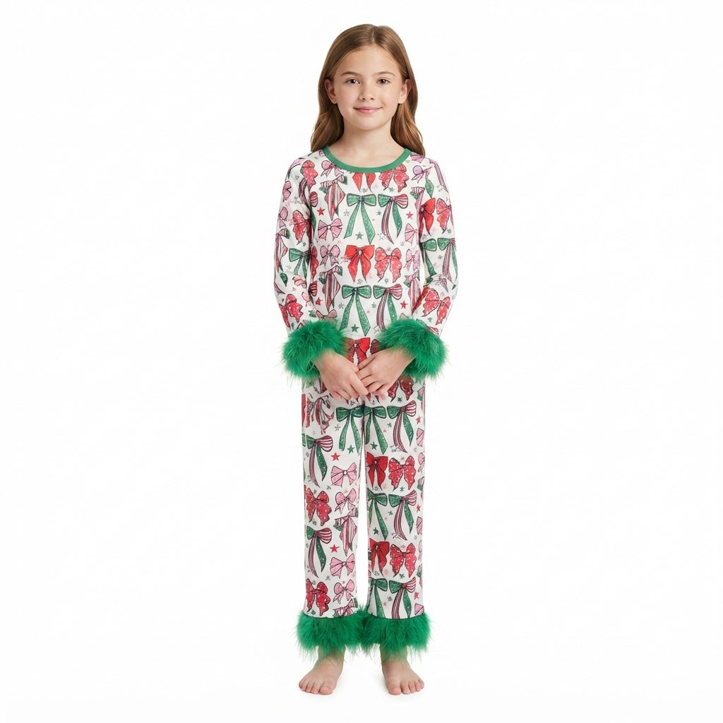 Red green bow fur sleeves girls Christmas pajamas