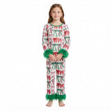 Red green bow fur sleeves girls Christmas pajamas