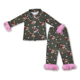 Fur long sleeves duck bow floral girls button down pajamas