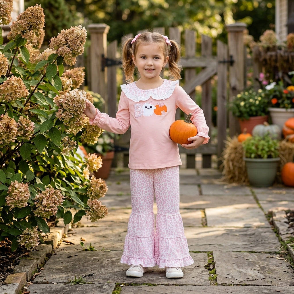 Pink boo pumpkin top leopard pants girls Halloween set