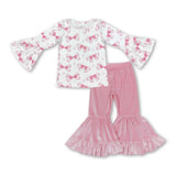 Long sleeves pink bow top velvet pants girls outfits