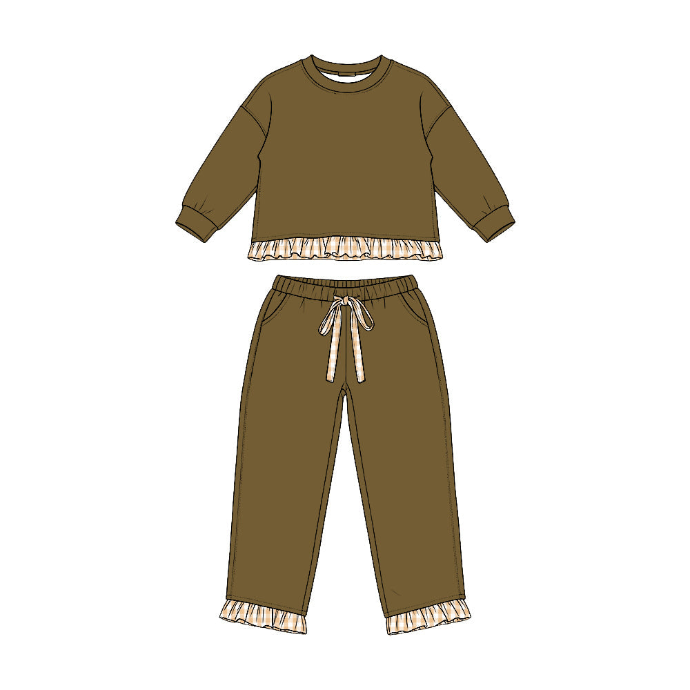 Long sleeves olive plaid ruffle top pants girls sweatshirt outfits