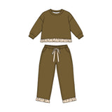 Long sleeves olive plaid ruffle top pants girls sweatshirt outfits