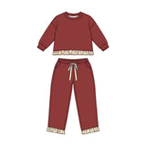 Long sleeves plaid ruffle top pants girls sweatshirt set