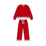 Long sleeves red stripe ruffle top pants girls sweatshirt outfits