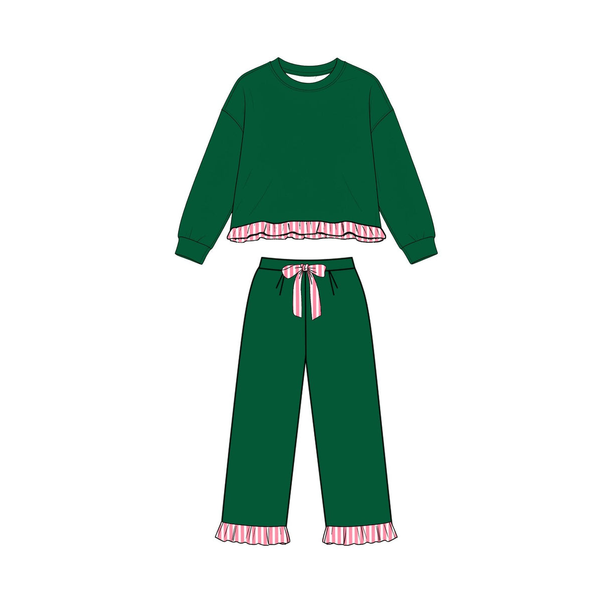 Long sleeves stripe ruffle green top pants girls sweatshirt outfits