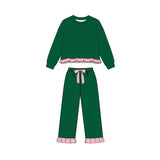 Long sleeves stripe ruffle green top pants girls sweatshirt outfits