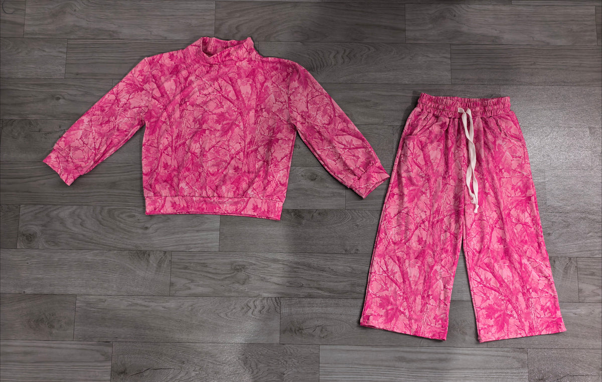 Long sleeves pink leaves camo kids girls outfits