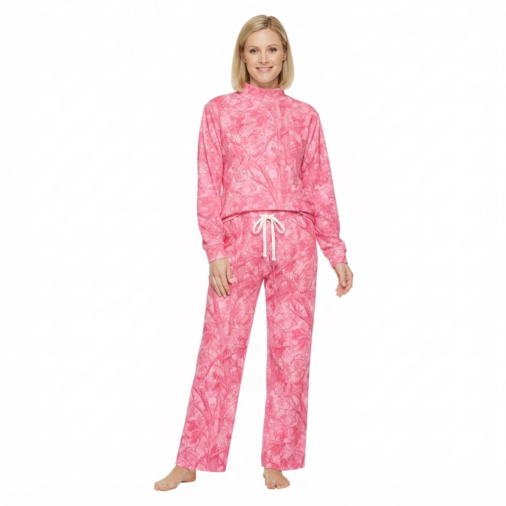 Long sleeves pink leaves camo mock neck adult women outfits