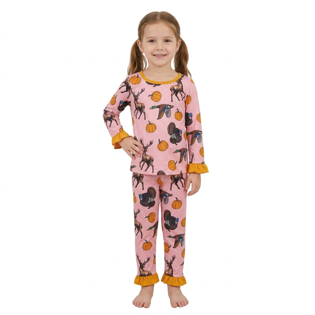 Long sleeves deer duck turkey pumpkin girls fall pajamas
