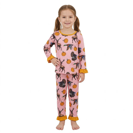 Long sleeves deer duck turkey pumpkin girls fall pajamas