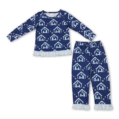 Long sleeves nativity ruffle top pants girls Christmas set