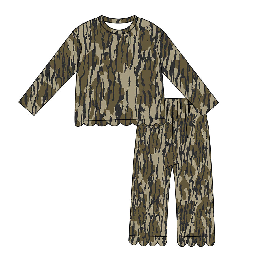 Long sleeves olive camo scallop kids girls outfits