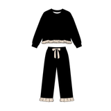 Long sleeves ruffle black top pants girls sweatshirt outfits