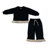 Long sleeves black stripe ruffle top pants girls sweatshirt outfits