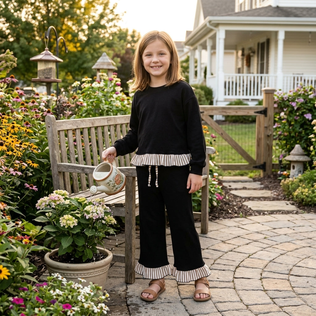 Long sleeves black stripe ruffle top pants girls sweatshirt outfits