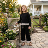 Long sleeves black stripe ruffle top pants girls sweatshirt outfits