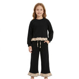 Long sleeves black stripe ruffle top pants girls sweatshirt outfits