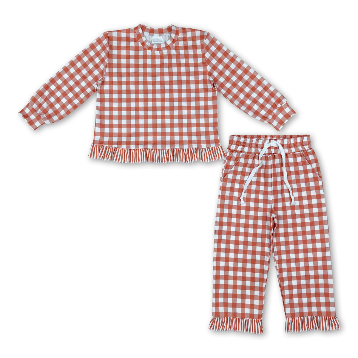 Long sleeves brown plaid ruffle girls fall outfits