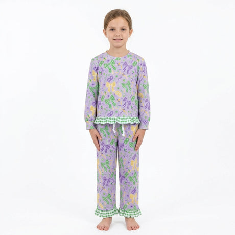 Long sleeves plaid bow ruffle girls Mardi Gras outfits