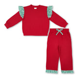Stripe flutter long sleeves red top pants girls Christmas outfits