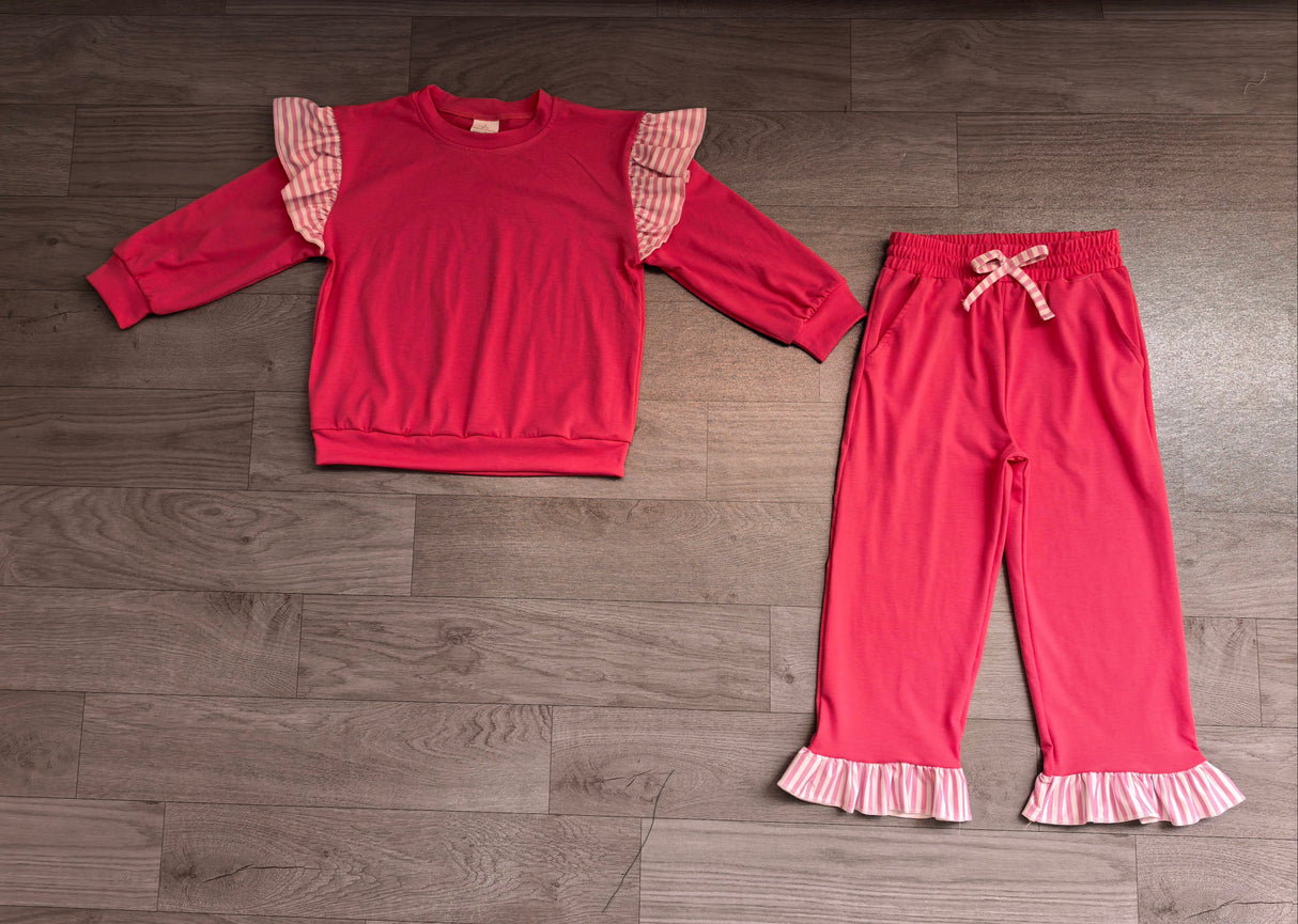 Stripe flutter long sleeves hot pink top pants girls outfits