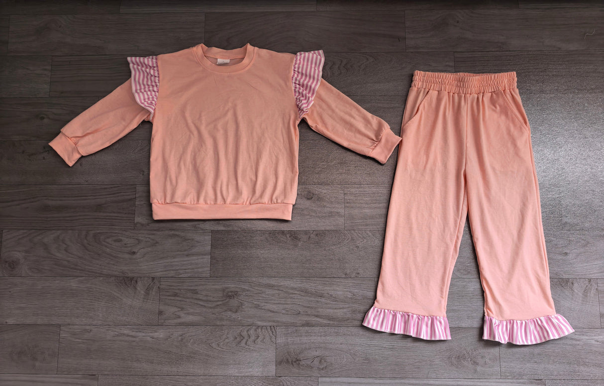 Stripe flutter long sleeves light pink top pants girls outfits