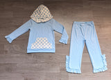 Light blue plaid pocket hoodie ruffle girls outfits