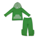 Green plaid pocket hoodie ruffle girls outfits