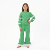 White ruffle green cotton top pants girls clothing set