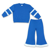 Blue ruffle green cotton top pants girls clothing set