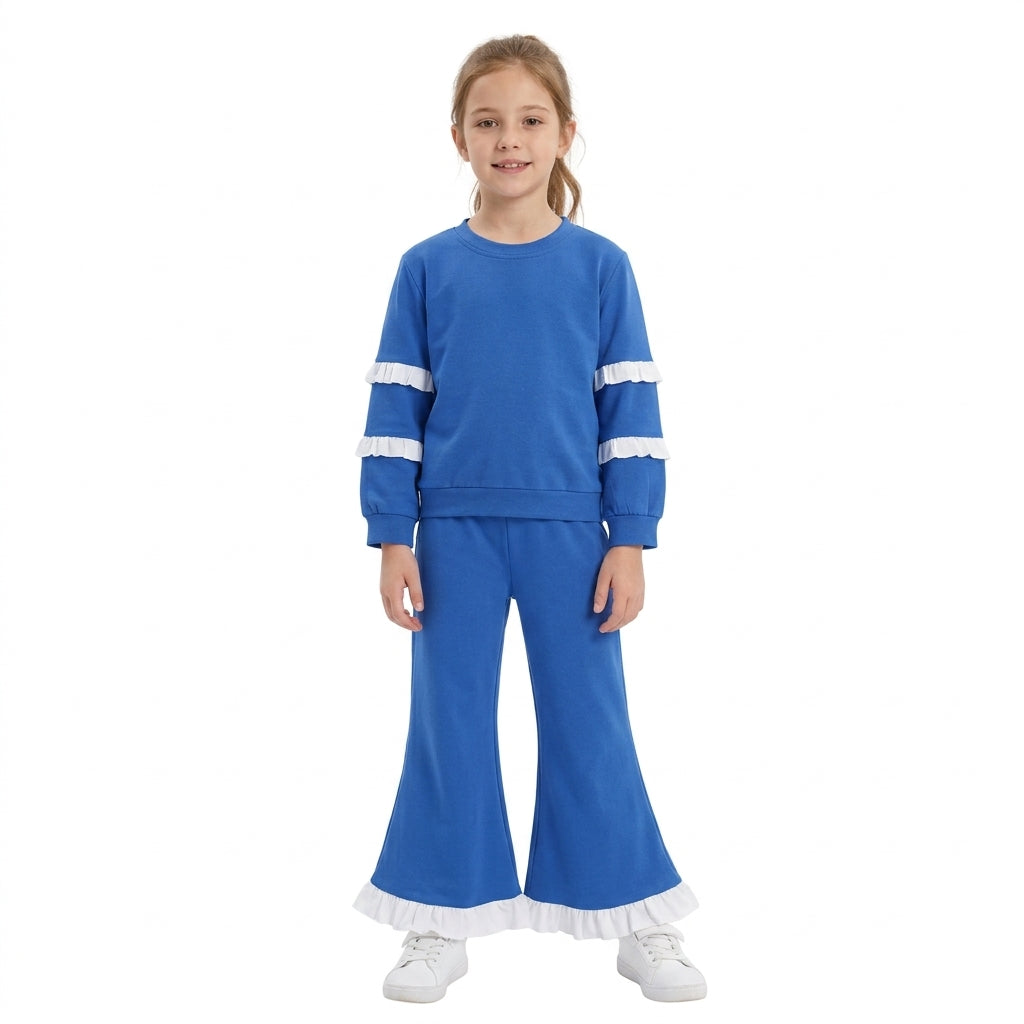 Blue ruffle green cotton top pants girls clothing set