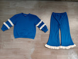 Blue ruffle green cotton top pants girls clothing set