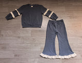 White ruffle dark blue cotton top pants girls clothing set