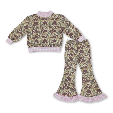 Pink plaid long sleeves camo top pants girls outfits