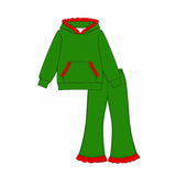 Red ruffle hoodie green pocket girls Christmas outfits