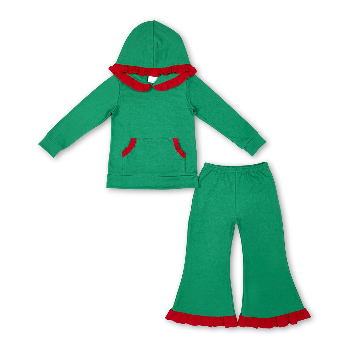Red ruffle hoodie green pocket girls Christmas outfits