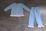 Long sleeves plaid ruffle light blue cotton girls outfits