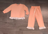 Long sleeves cotton peach plaid ruffle girls outfits