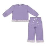 Long sleeves plaid ruffle lavender cotton girls outfits