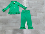 Green cotton girls Christmas button down pajamas